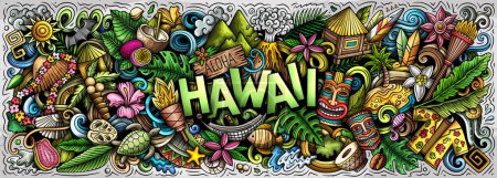 Raster Illustration mit Aloha Hawaii Thema Doodles. Lebendiges und auffälliges Bannerdesign, das die Essenz der hawaiianischen Kultur und Traditionen durch verspielte Cartoon-Symbole einfängt