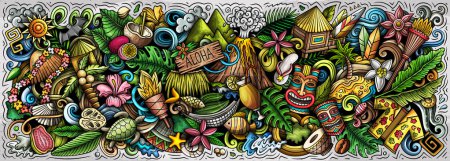 Raster-Illustration mit Hawaii-Doodles. Lebendiges und auffälliges Bannerdesign, das die Essenz der hawaiianischen Kultur und Traditionen durch verspielte Cartoon-Symbole einfängt