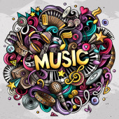 Music hand drawn raster doodles illustration. Musical design. Sound elements and objects cartoon background. Bright colors funny picture.  Poster #674234492