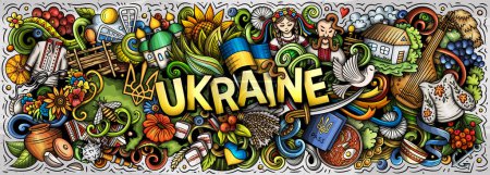 Illustration raster avec des gribouillis thème Ukraine. Conception de bannière vibrante et accrocheuse, capturant l'essence de la culture et des traditions ukrainiennes grâce à des symboles de dessin animé ludiques