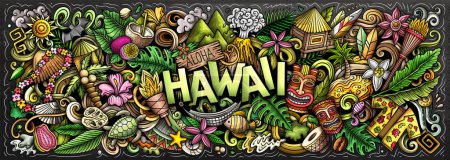 Raster Illustration mit Aloha Hawaii Thema Doodles. Lebendiges und auffälliges Bannerdesign, das die Essenz der hawaiianischen Kultur und Traditionen durch verspielte Cartoon-Symbole einfängt