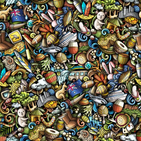 Cartoon doodles Australia seamless pattern. Backdrop with Australian culture symbols and items. Colorful background for print on fabric, textile, greeting cards, scarves, wallpaper