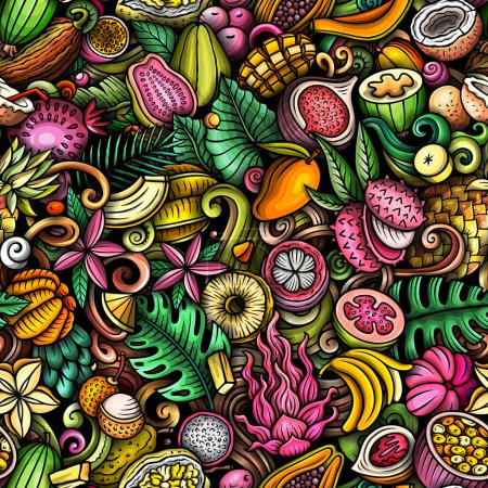 Cartoon-Raster-Doodles zum Thema "Exotische Früchte" zeichnen sich durch eine Vielzahl tropischer fruchtiger Objekte und Symbole aus. Skurrile verspielte bunte Hintergrund für Druck auf Stoff, Grußkarten, Schals, Tapeten und andere