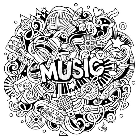 Music hand drawn raster doodles illustration. Musical design. Sound elements and objects cartoon background. Sketchy funny picture. 