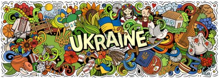 Illustration raster avec des gribouillis thème Ukraine. Conception de bannière vibrante et accrocheuse, capturant l'essence de la culture et des traditions ukrainiennes grâce à des symboles de dessin animé ludiques