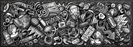 Dessin animé raster Podcast doodle illustration dispose d'une variété d'objets et de symboles Audio Content. Image drôle fantaisiste monochrome.