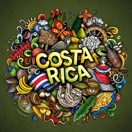 Raster lustige Kritzelillustration mit Costa Rica Thema. Lebendiges und auffälliges Design, das die Essenz der mittelamerikanischen Kultur und Traditionen durch verspielte Cartoon-Symbole einfängt
