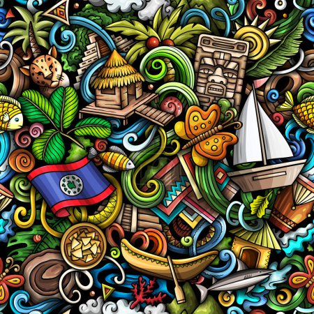 Cartoon Doodles Belize nahtlose Muster. Hintergrund mit Symbolen und Gegenständen der belizischen Kultur. Bunter Hintergrund für Stoff, Grußkarten, Tapeten