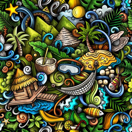 Cartoon-Doodles Bora-Bora Insel nahtlose Muster. Hintergrund mit Symbolen und Gegenständen aus Französisch-Polynesien. Bunter Hintergrund für Stoff, Grußkarten, Tapeten