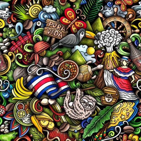 Cartoon Doodles Costa Rica nahtlose Muster. Hintergrund mit Symbolen und Gegenständen der mittelamerikanischen Kultur. Bunter Hintergrund für Stoff, Grußkarten, Tapeten