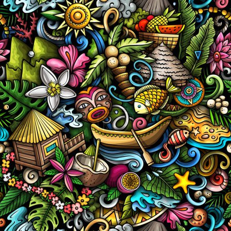 Cartoon-Doodles Tahiti Insel nahtlose Muster. Hintergrund mit Symbolen und Gegenständen aus Französisch-Polynesien. Bunter Hintergrund für Stoff, Grußkarten, Tapeten