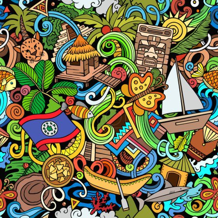 Cartoon doodles Belize seamless pattern. Backdrop with Belizean culture symbols and items. Colorful background for fabric, greeting cards, wallpaper