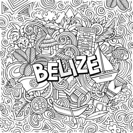 Raster funny doodle illustration with Belize theme. Vibrant and eye-catching design, capturing the essence of Central America culture and traditions through playful cartoon symbols