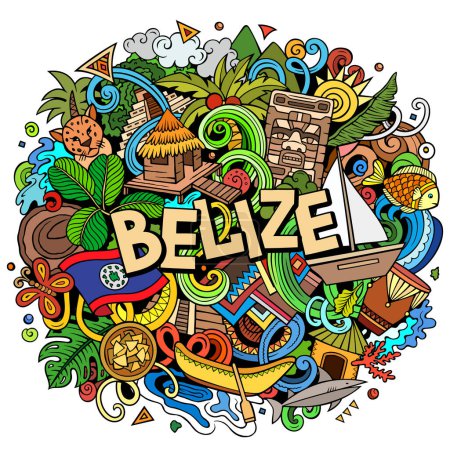 Raster lustige Doodle Illustration mit Belize Thema. Lebendiges und auffälliges Design, das die Essenz der mittelamerikanischen Kultur und Traditionen durch verspielte Cartoon-Symbole einfängt