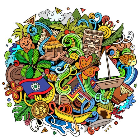 Raster funny doodle illustration with Belize theme. Vibrant and eye-catching design, capturing the essence of Central America culture and traditions through playful cartoon symbols