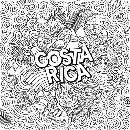 Raster funny doodle illustration with Costa Rica theme. Vibrant and eye-catching design, capturing the essence of Central America culture and traditions through playful cartoon symbols