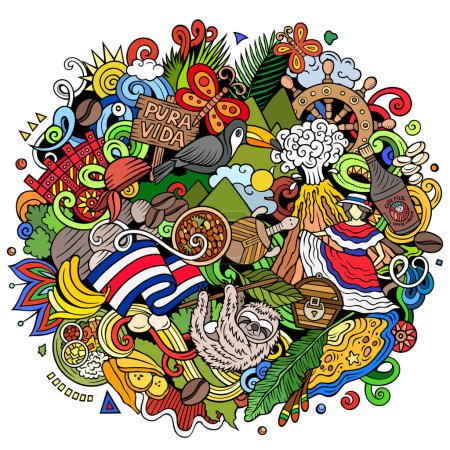 Raster funny doodle illustration with Costa Rica theme. Vibrant and eye-catching design, capturing the essence of Central America culture and traditions through playful cartoon symbols