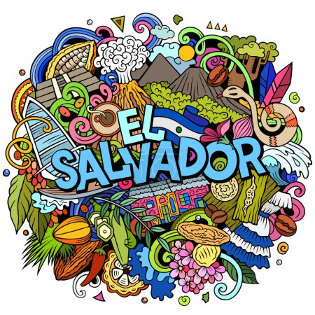 Raster lustige Kritzelillustration mit El Salvador Thema. Lebendiges und auffälliges Design, das die Essenz der mittelamerikanischen Kultur und Traditionen durch verspielte Cartoon-Symbole einfängt