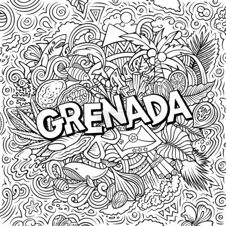 Raster funny doodle illustration with Grenada theme. Vibrant and eye-catching design, capturing the essence of North America culture and traditions through playful cartoon symbols