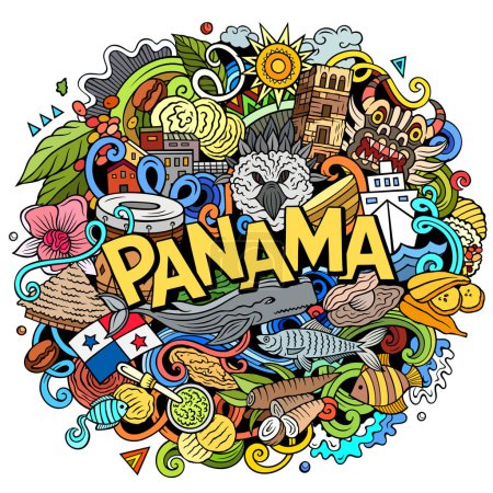Raster divertida ilustración de garabatos con tema de Panamá. Diseño vibrante y llamativo, que captura la esencia de la cultura y las tradiciones centroamericanas a través de divertidos símbolos de dibujos animados