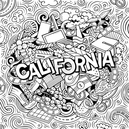 California hand drawn cartoon doodle illustration. Funny USA State design. Creative art  background. Handwritten text with elements and objects. Line art composition