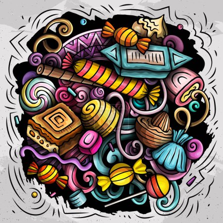 Bonbons Cartoon Doodles Illustration. Süßspeisen-Design. Konfektionselemente und Objekte Hintergrund. Helle Farben lustiges Bild. 