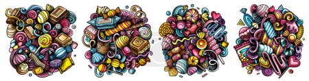 Caramelo dibujos animados doodle diseños conjunto. Colorido banner detallado con muchos dulces objetos y símbolos composiciones.