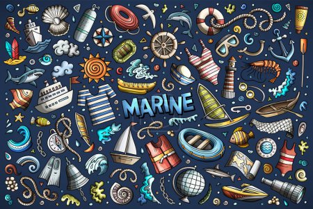 Bunte handgezeichnete Doodle-Cartoon-Set mit Marine-Themen, Objekten und Symbolen