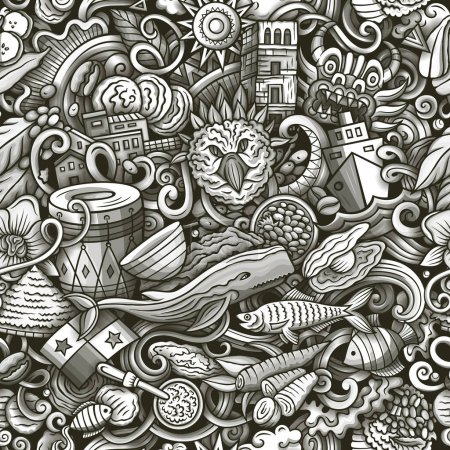 Cartoon doodles Panama seamless pattern. Backdrop with Panamanian culture symbols and items. Graphics background for fabric, greeting cards, wallpaper