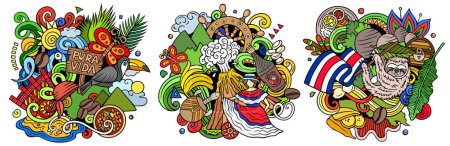 Costa Rica cartoon doodle designs set. Bunte Kompositionen mit vielen costa-ricanischen Objekten und Symbolen. 