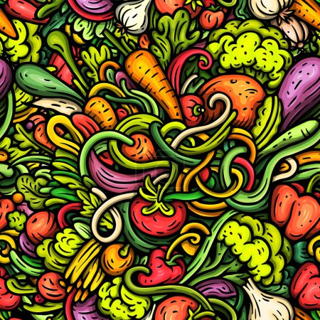 Légumes dessin animé gribouille motif sans couture. Nature éléments alimentaires et objets de fond. Couleurs vives drôle d'image veggies