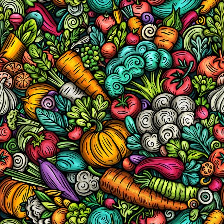 Vegetables cartoon doodles seamless pattern. Nature food elements and objects background. Bright colors funny veggies picture
