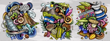 El Salvador cartoon  doodle designs set. Colorful detailed compositions with lot of Salvadoran objects and symbols. 