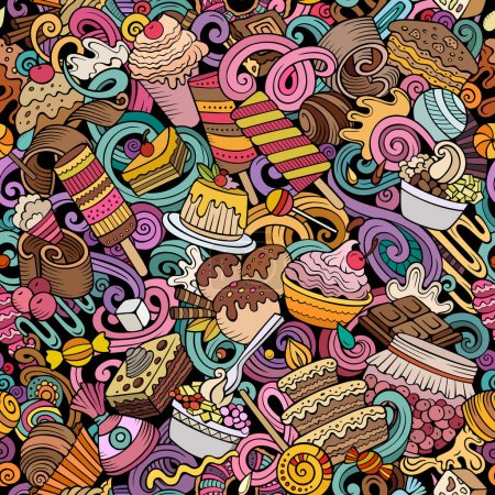 Cartoon Doodles Desserts nahtlose Muster. Hintergrund mit Süßspeisen-Symbolen und Gegenständen. Bunte, detaillierte Hintergründe für Druck auf Stoff, Textilien, Handyhüllen, Packpapier.