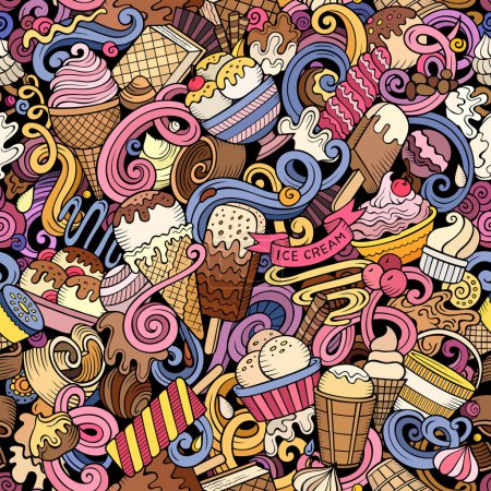 Cartoon Doodles Ice-Cream nahtloses Muster. Hintergrund mit Eis-Symbolen und Gegenständen. Bunte, detaillierte Hintergründe für den Druck auf Stoff, Textilien, Handyhüllen, Packpapier. Alle Objekte getrennt.