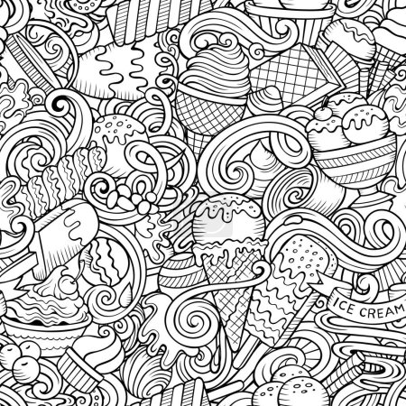 Cartoon Doodles Ice-Cream nahtloses Muster. Hintergrund mit Eis-Symbolen und Gegenständen. Skizzenhaft detaillierter Hintergrund für Druck, Malvorlagen, Geschenkpapier.