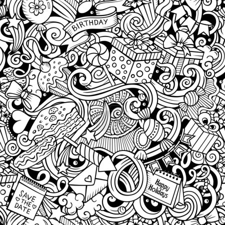 Happy Birthday hand drawn doodles seamless pattern. Holiday background. Cartoon cheerful coloring page design. Sketchy vector festive illustration