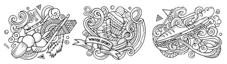 Winter sports cartoon vector doodle designs set. Sketchy detailed compositions with lot of cold season objects and symbols. Isolated on white illustrations