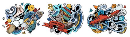 Winter sports cartoon vector doodle designs set. Colorful detailed compositions with lot of cold season objects and symbols. Isolated on white illustrations