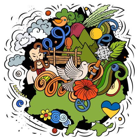 Ukraine cartoon doodle illustration. Komisches ukrainisches Design. Kreativer Vektorhintergrund mit europäischen Länderelementen und Objekten. Farbenfrohe Komposition