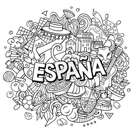 Spain hand drawn cartoon doodle illustration. Funny Spanish design. Creative art vector background. Handwritten text with elements and objects. Sketchy composition