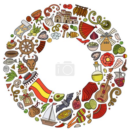 Ensemble vectoriel coloré d'objets, symboles et objets de gribouillage de dessin animé Espagne. Composition du cadre rond