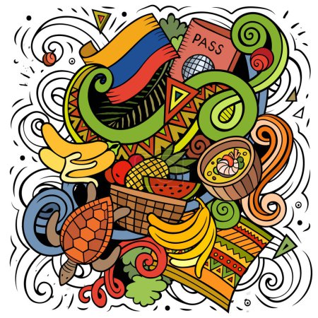 Ecuador dibujado a mano dibujos animados garabatos ilustración. Diseño de viaje divertido. Arte creativo vector fondo. Elementos y objetos del país latinoamericano.