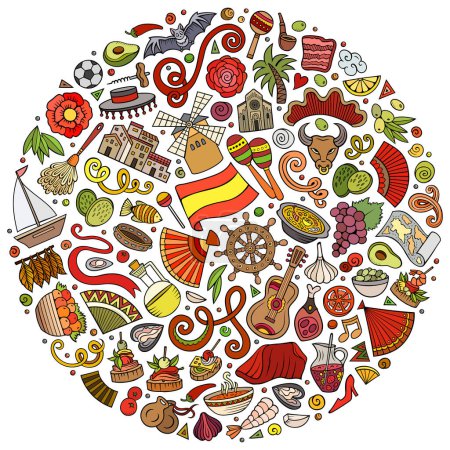 Ensemble vectoriel coloré d'objets, symboles et objets de gribouillage de dessin animé Espagne. Composition ronde