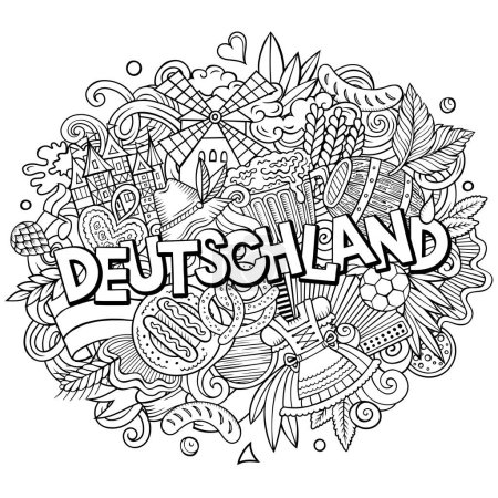 Deutschland Deutschland Deutschland Cartoon Doodles Illustration. Lustiges Reisedesign. Kreative skizzenhafte Vektorhintergründe. Handschriftlicher Text mit deutschen Symbolen, Elementen und Objekten