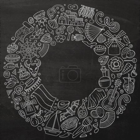 Chalkboard vector set of Spain cartoon doodle objects, symbols and items. Round frame composition