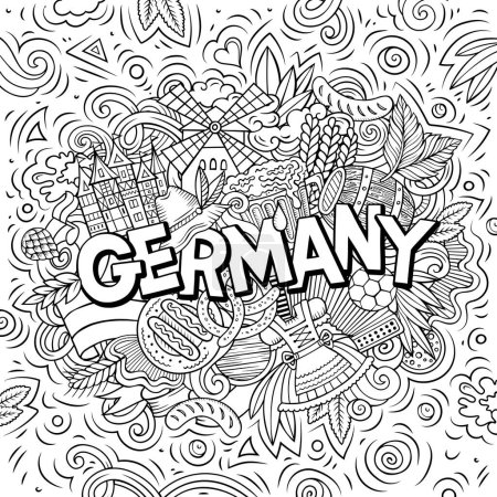 Deutschland handgezeichnete Cartoon Doodles Illustration. Lustiges Reisedesign. Kreative Kunst Vektor Hintergrund. Handschriftlicher Text mit deutschen Symbolen, Elementen und Objekten.