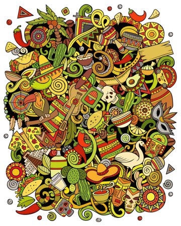 Cartoon vector doodles Latin America illustration. Colorful, detailed, with lots of objects background. All objects separate. Bright colors latinamerican funny picture