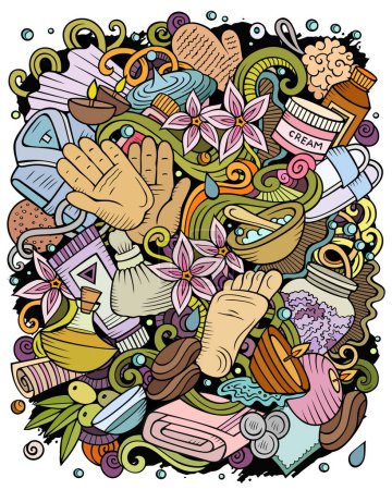 Massage hand drawn vector doodles illustration. Spa salon poster design. Beauty elements and objects cartoon background. Bright colors funny picture. All items are separated