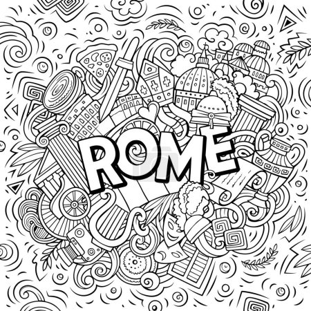 Roma dibujado a mano dibujos animados garabatos ilustración. Diseño de viaje divertido. Arte creativo vector fondo. Texto manuscrito con símbolos, elementos y objetos italianos.